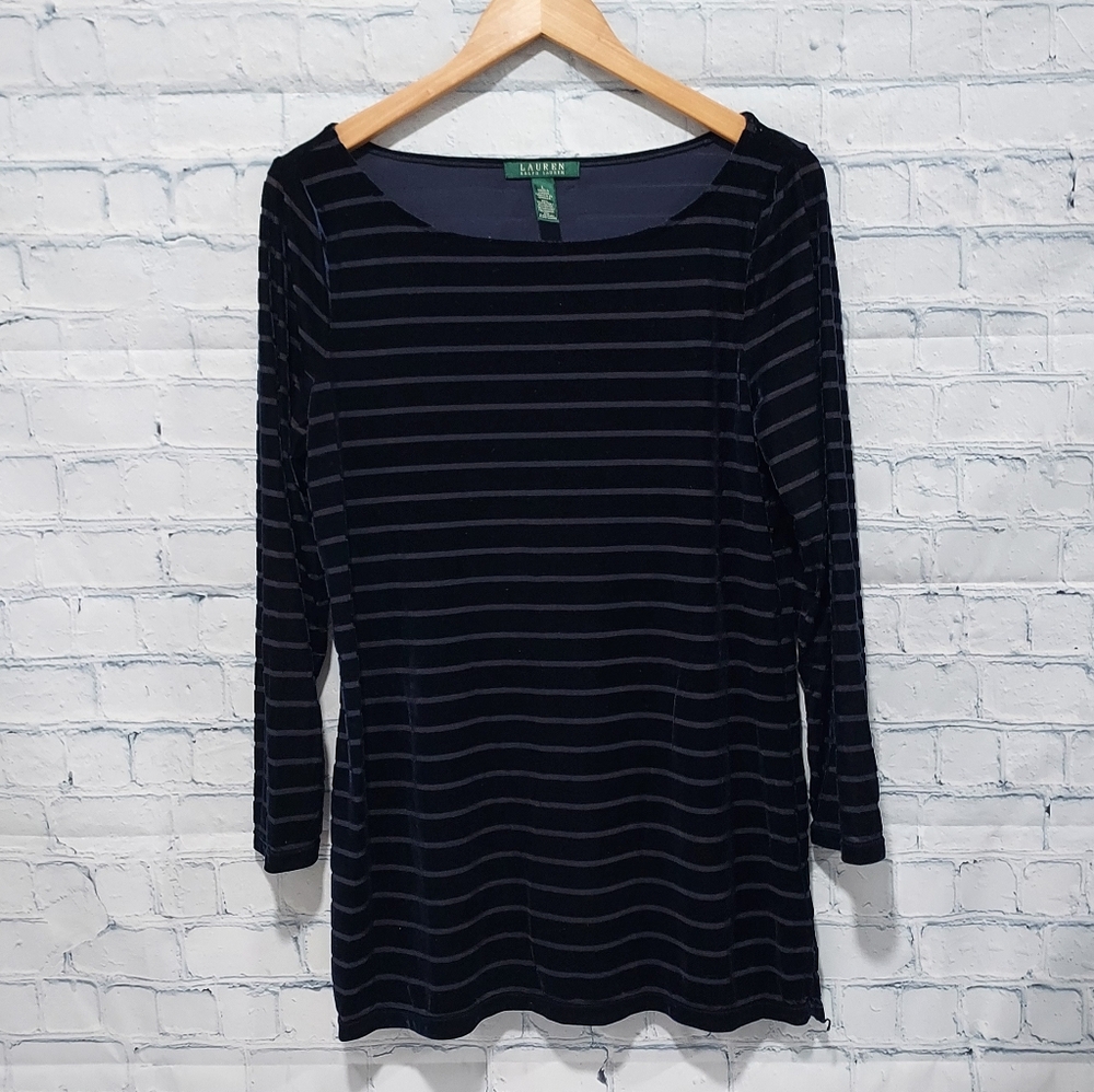 Lauren Ralph Lauren L Velvet Burnout Stripe Top Womens Dark Rich Navy / Purple